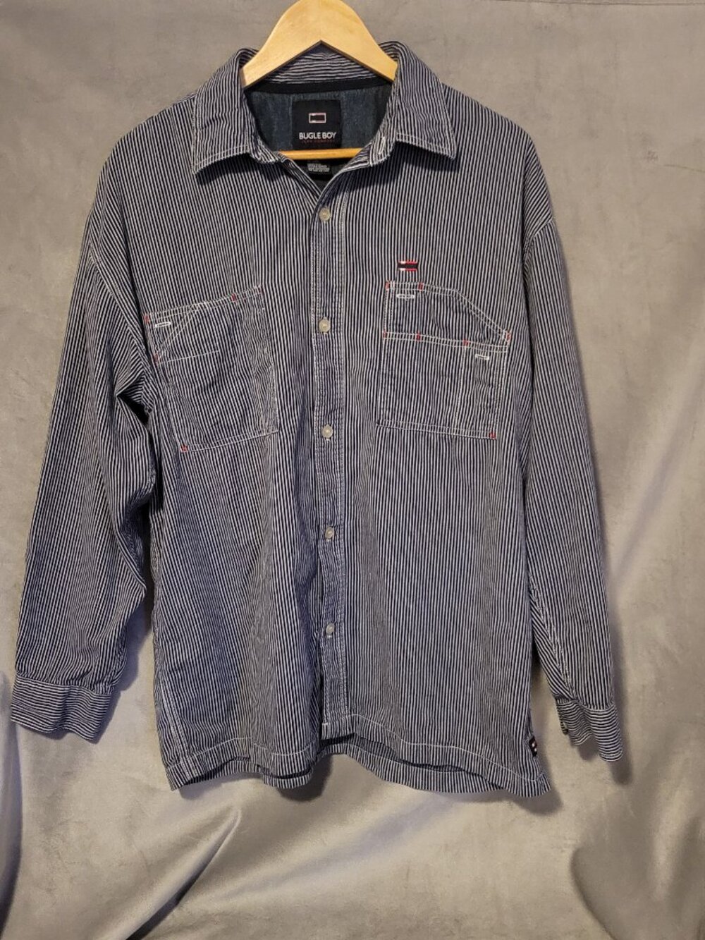 Bugle Boy Long Sleeve Button Down Blue White Striped Men Size L 90s Vintage